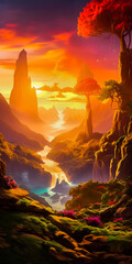 Wall Mural - Fantasy paradise valley landscape with a river and trees, sunrise atmosphere with mist and clouds - generative AI