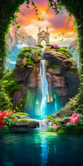 Wall Mural - Stairway to a portal in a fantasy environment, waterfall and colorful plants, amazing cloudscape, ancient ruins, elven world - generative AI