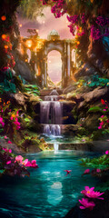 Wall Mural - Stairway to a portal in a fantasy environment, waterfall and colorful plants, amazing cloudscape, ancient ruins, elven world - generative AI