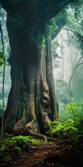 Wall Mural - Old big tree in a magic forest, misty mysterious atmosphere - generative AI