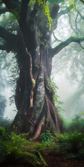 Wall Mural - Old big tree in a magic forest, misty mysterious atmosphere - generative AI