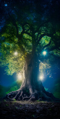 Wall Mural - Old big tree with bright lights in a magic forest, misty mysterious atmosphere - generative AI