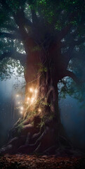 Wall Mural - Old big tree with bright lights in a magic forest, misty mysterious atmosphere - generative AI