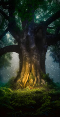 Wall Mural - Old big tree in a magic forest, misty mysterious atmosphere - generative AI