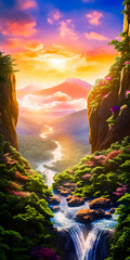Wall Mural - Fantasy paradise valley landscape with a river and trees, sunrise atmosphere with mist and clouds - generative AI