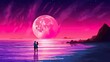 A romantic couple against the backdrop of sea, huge moon and night sky. Shining neon colors. Nostalgic scene in retrowave style. Aesthetics of 80s. Retro wallpaper. Generative AI illustration.