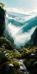 Wall Mural - Nature environment with a misty valley and a river, trees and foliage, stunning view - generative AI