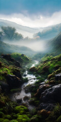 Wall Mural - Nature environment with a misty valley and a river, trees and foliage, stunning view - generative AI