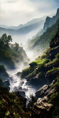 Wall Mural - Misty paradise environment with a valley and a river, trees and foliage, stunning view - generative AI