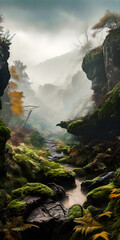 Wall Mural - Misty paradise environment with a valley and a river, trees and foliage, stunning view - generative AI