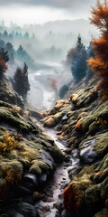 Wall Mural - Fantasy environment with a valley and a river, trees and foliage, stunning view with mist atmosphere - generative AI