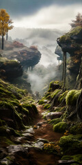 Wall Mural - Misty paradise environment with a valley and a river, trees and foliage, stunning view - generative AI