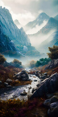 Wall Mural - Beautiful misty landscape with mountains and trees, valley with a river, rocks and foliage - generative AI