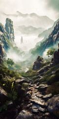 Wall Mural - Beautiful misty landscape with mountains and trees, valley with a river, rocks and foliage - generative AI
