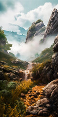 Wall Mural - Beautiful misty landscape with mountains and trees, valley with a river, rocks and foliage - generative AI