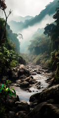 Wall Mural - Epic scenery from a rough valley in a tropical landscape, misty mountains, forest with rocks, paradise environment - generative AI