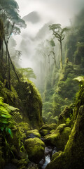 Wall Mural - Stunning view over a rough valley in a tropical landscape, misty mountains, forest with rocks, paradise environment - generative AI
