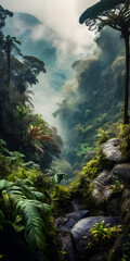 Wall Mural - Stunning view over a rough valley in a tropical landscape, misty mountains, forest with rocks, paradise environment - generative AI