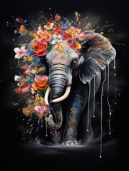 Wall Mural - elephant in a explosion of flowers with a lot of colours generatieve ai