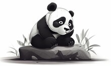  A Black And White Panda Sitting On Top Of A Tree Stump On A White Background With Grass And Rocks In The Foreground And A Rock In The Foreground.  Generative Ai