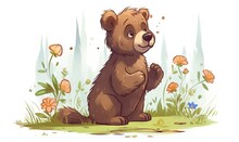  A Brown Bear Sitting In A Field Of Flowers And Grass With Trees In The Background And A Sky With Clouds In The Background And A Few Butterflies.  Generative Ai
