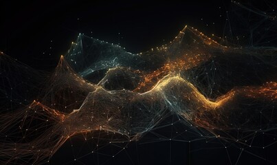  a computer generated image of a mountain with lights and lines in the air and a black background with a yellow and orange light at the top of the mountain.  generative ai