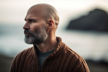 Poster - Portrait of a bald man with a beard in a brown sweater on the beach