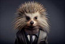 Portrait Of A Porcupine Dressed In A Business Suit In A Studio Photo. Generative AI. 