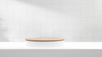Poster - pudium white table background, empty white podium table background room with sunlight and shadows