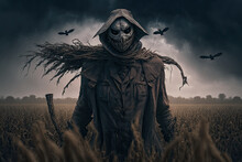 Scary Scarecrow In The Field. Halloween Concept. Generative Ai