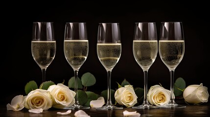 Wall Mural - Celebrate Love with a Toast of Valentines Champagne & White Roses, Generative AI