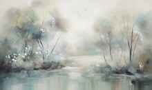  A Painting Of A River With Trees In The Background And A Bird Flying In The Sky Over The Water And The Trees In The Foreground.  Generative Ai
