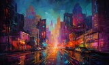 Fototapeta Nowy Jork -  a painting of a city street at night with cars driving down the street and buildings in the background with a bright light shining on the street.  generative ai