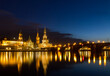 Elbe river with Catholic Church of the Royal Court of Saxony (Hofkirche) after sunset, Dresden, Germany