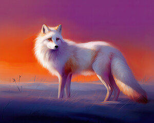 Wall Mural - polar fox with purple, orange background. Generative AI image.