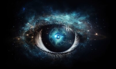 Poster -  a close up of a blue eye with stars in the background and a black sky filled with stars in the center of the eye, and a blue eye with a blue ring.  generative ai