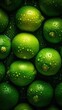 © Adriana - Full frame Overhead shot of green limes on wooden background. Generative AI