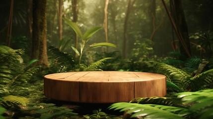 Sticker - wooden podium in tropical forest for product display generative AI