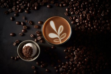 Coffee cup with coffee beans and cinnamon on black background. generative ai