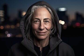 Portrait of a senior woman in hoodie looking at camera with cityscape in the background