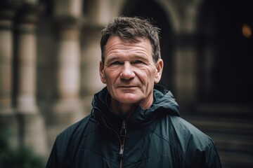 Portrait of a handsome mature man in a raincoat in the city.