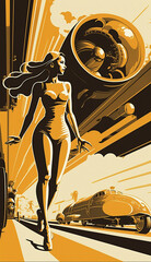 illustration of woman with future technology in retro futuristic 30s style poster ,generative ai