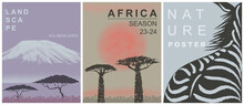 Nature Poster Set. African Landscape, Mount Kilimanjaro, Baobab, Zebra. Abstract Textured Background. Picture For Background, Poster, Banner, Flyer. Texture Of Nature Set. Vector Illustration.