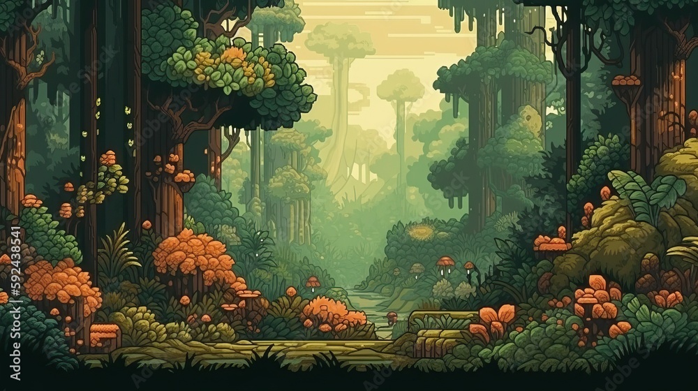 Forest, Retro computer games level. Pixel art video game scene 8 bit ...