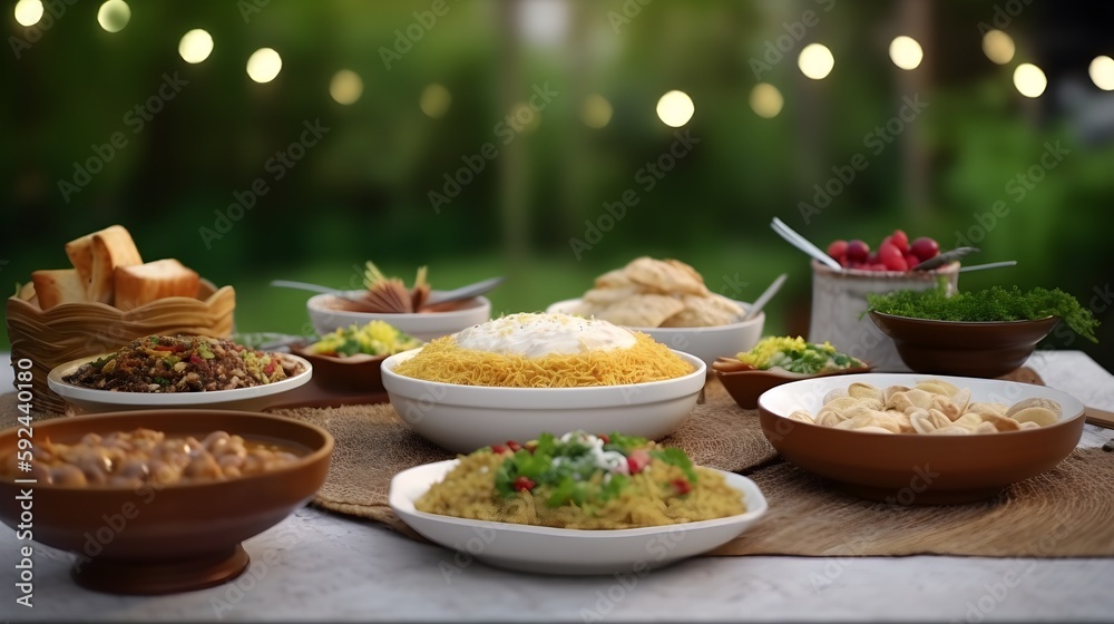 A table filled with Eid and Ramadan food represents the culinary traditions of the Islamic holy month, and is a symbol of communal gathering, hospitality, and celebration