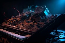 Half Destroyed Synthesizer With Flying Debris In Neon Lighting. Generative AI