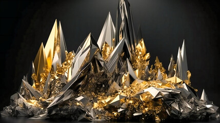 A crystal mountains with gold triangular shapes on black background