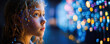 © Dirschl - young girl child is fascinated by light, led and light particles with matrix bokeh and copy space, web banner or background, Generative AI
