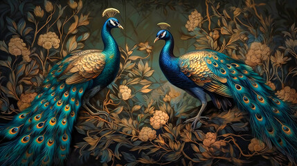 A wallpaper and peacocks gold and green leaves
