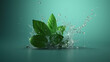 Close-up image of mint leaves with water splash.
